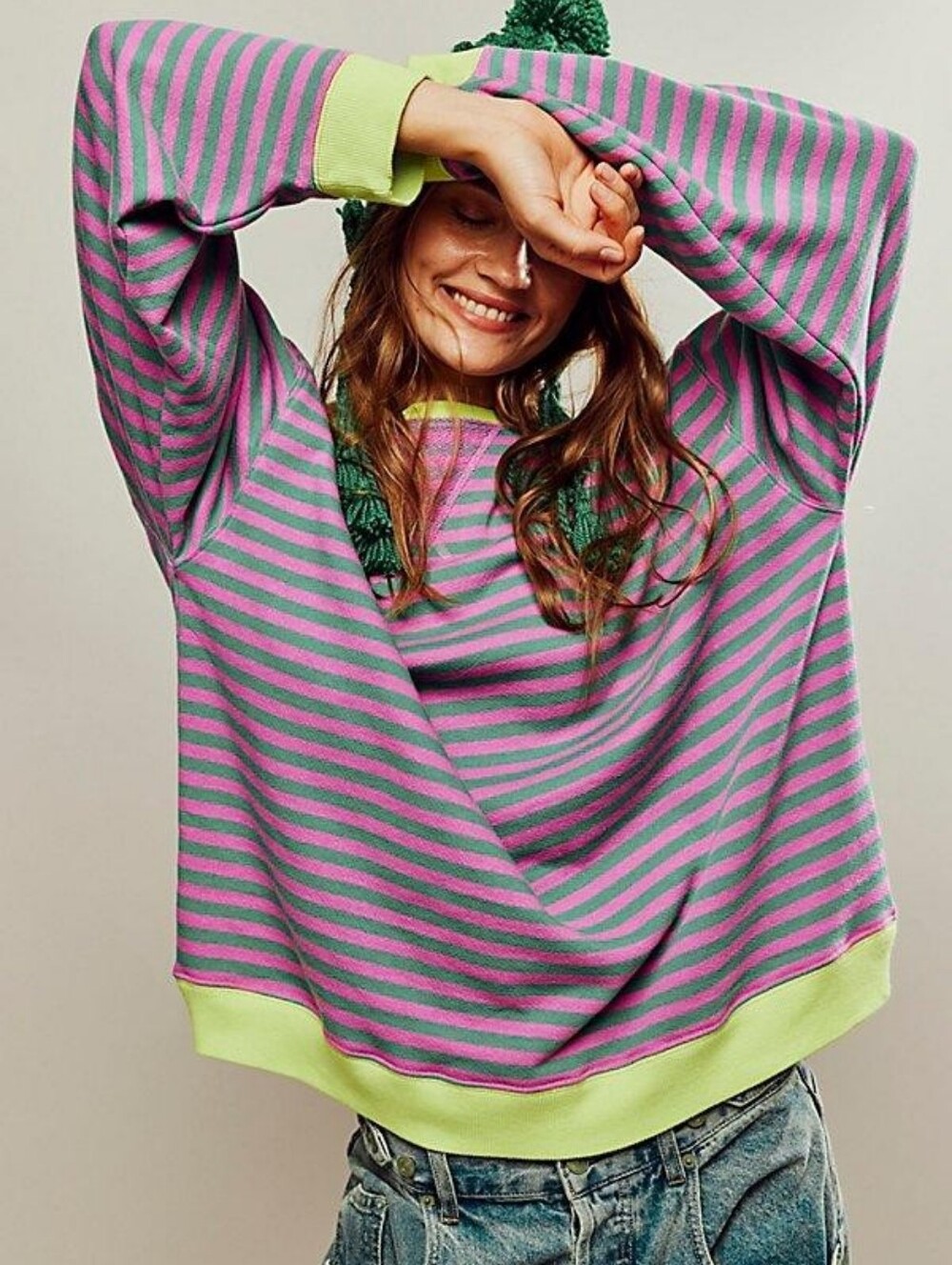 We The Free People Sweatshirt Viral Pink Purple Green Yellow Striped Small